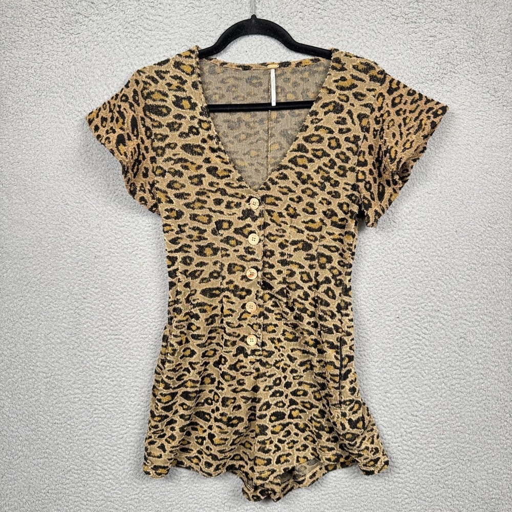 Free People Romper Women XS Brown Leopard Cheetah Print Jumpsuit Terrycloth Boho - Picture 3 of 14